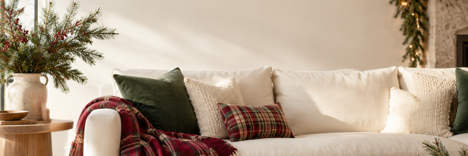 Cozy living room with a cranberry plaid throw, green and textured pillows, and evergreen branches