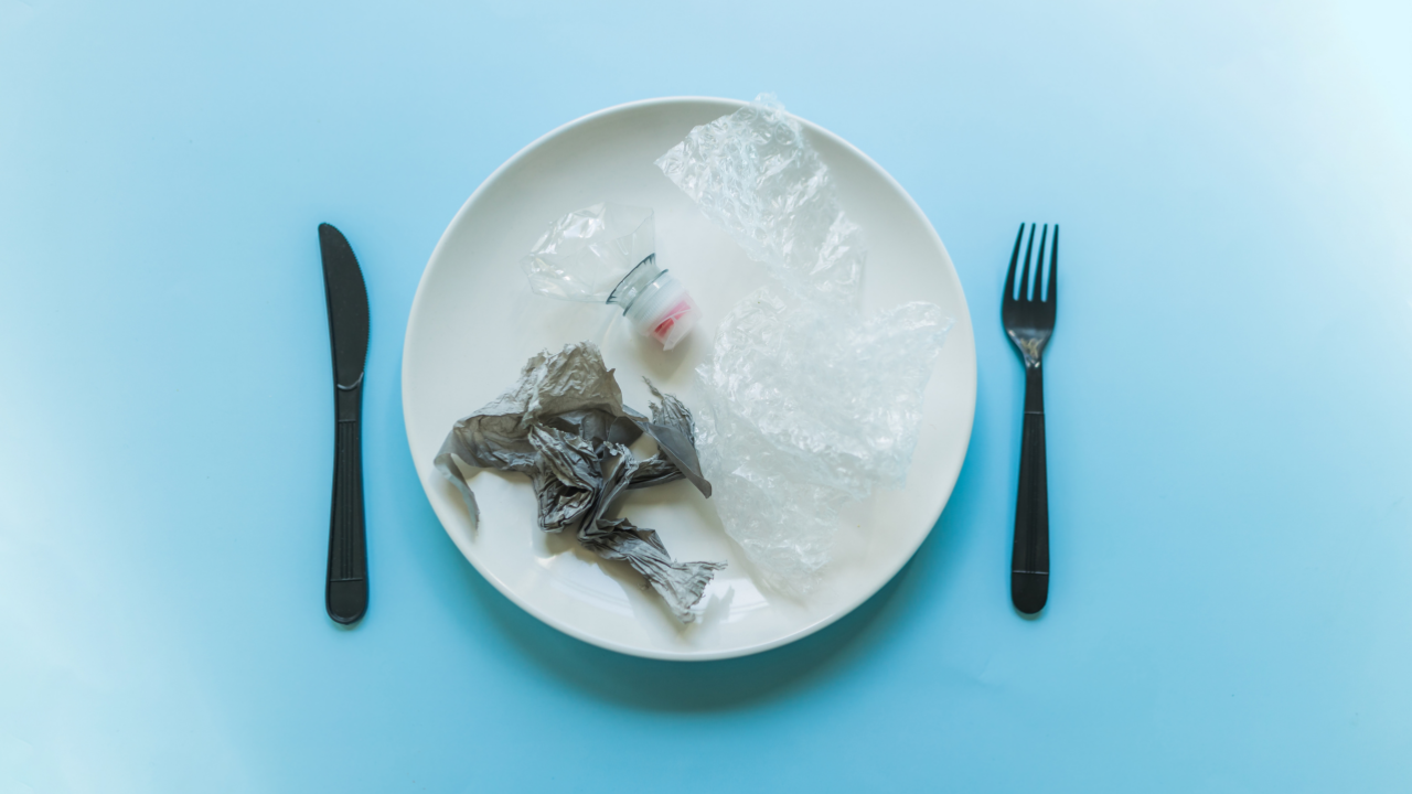 Conceptual illustration of plastic waste on a dinner plate