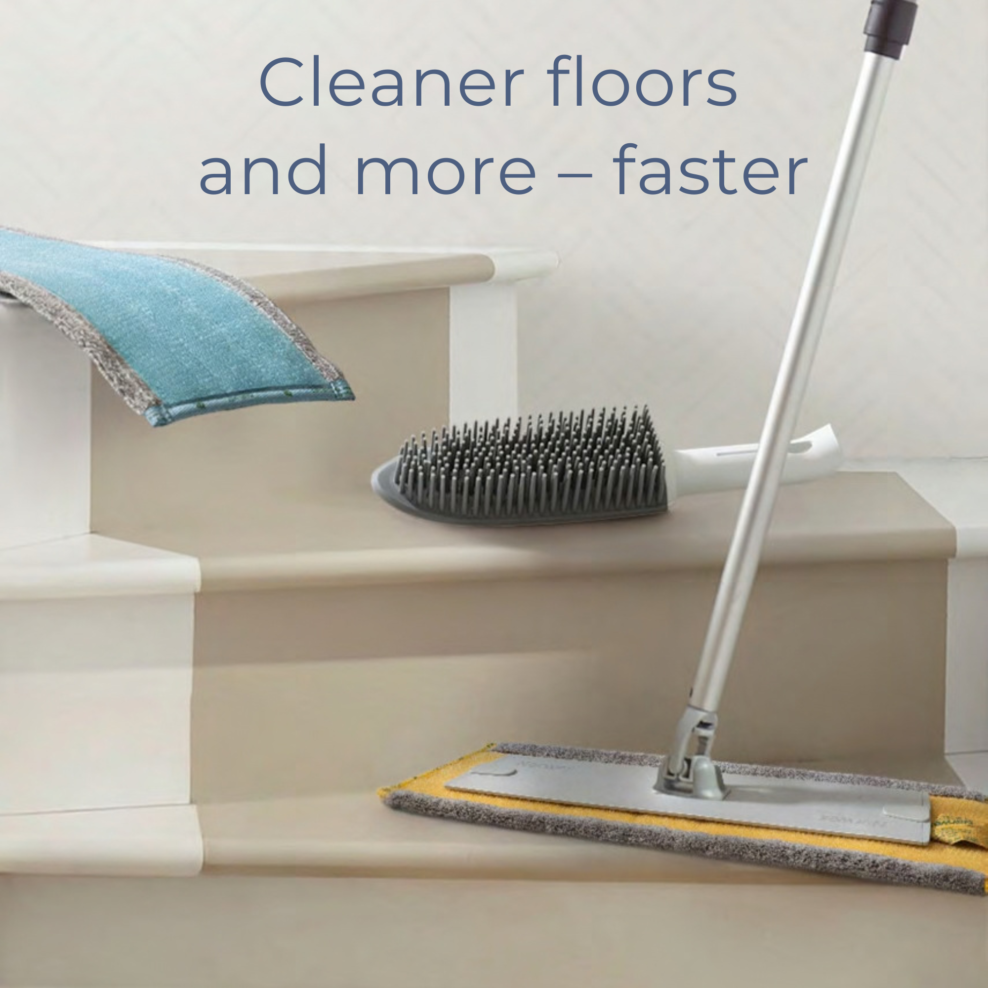 Norwex mop system with dry pad and rubber brush on a staircase, with the words Cleaner floors and more, faster
