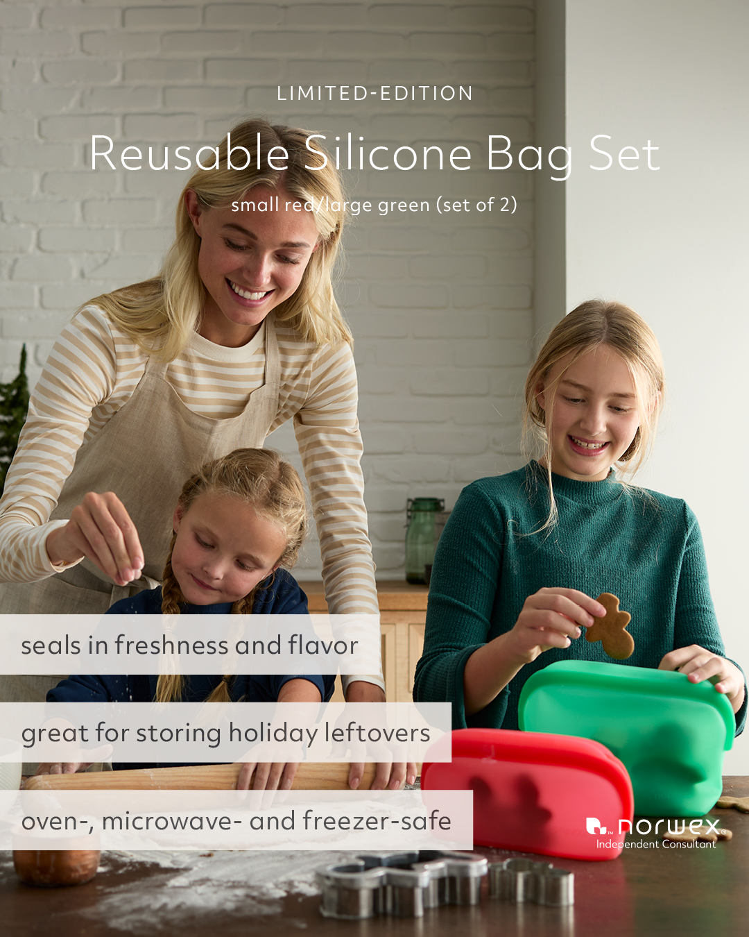 Family preparing holiday cookies with red and green Norwex Reusable Silicone Bags on the kitchen counter.